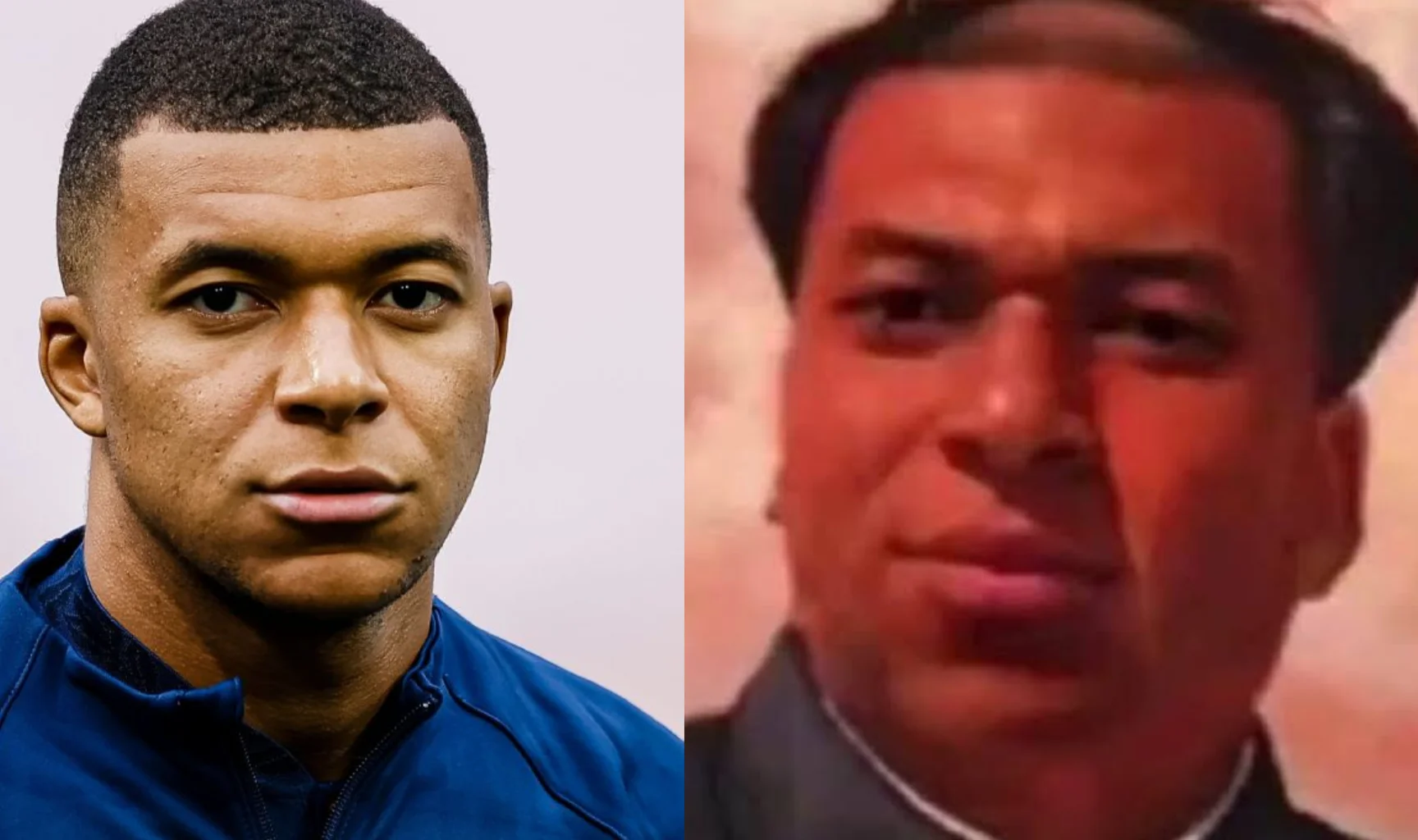 Kylian Mbappé ao lado do meme que coloca seu rosto no retrato de Mao Tsé-Tung