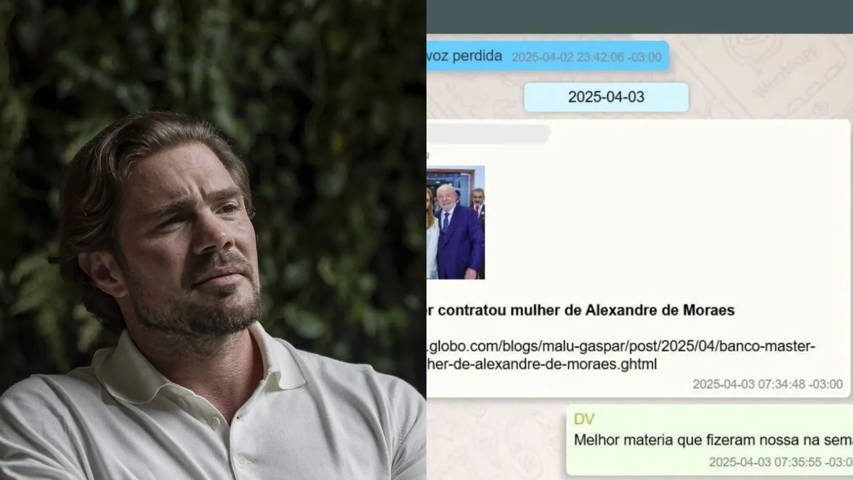 Daniel Vorcaro e mensagem em que comemora reportagem sobre contrato com a mulher de Moraes