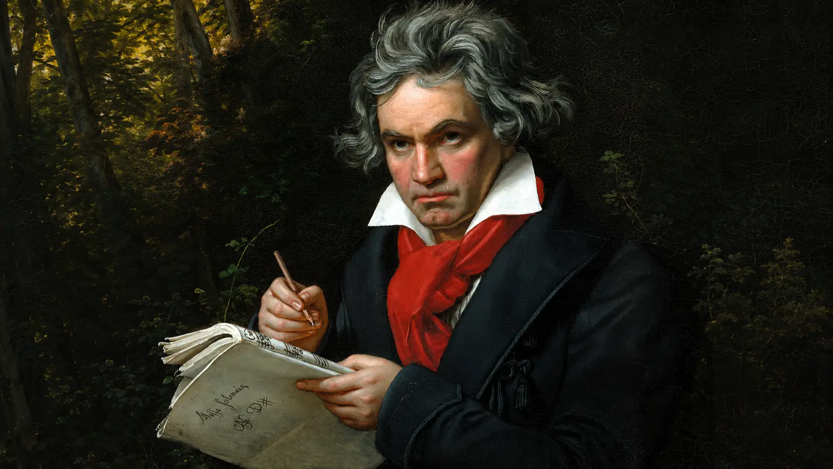 Um retrato de Beethoven com a partitura da Missa Solemnis de 1820